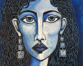 Monochromatic Blue Alpha Woman Portrait Painting, Modern Impressionism Acrylic Art (18" x 24")
