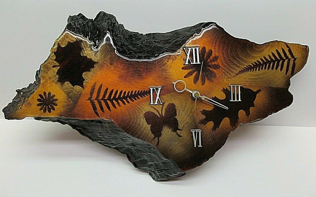 Vintage MCM Handcrafted Wood Slab Clock NATURE THEME With Lacquer