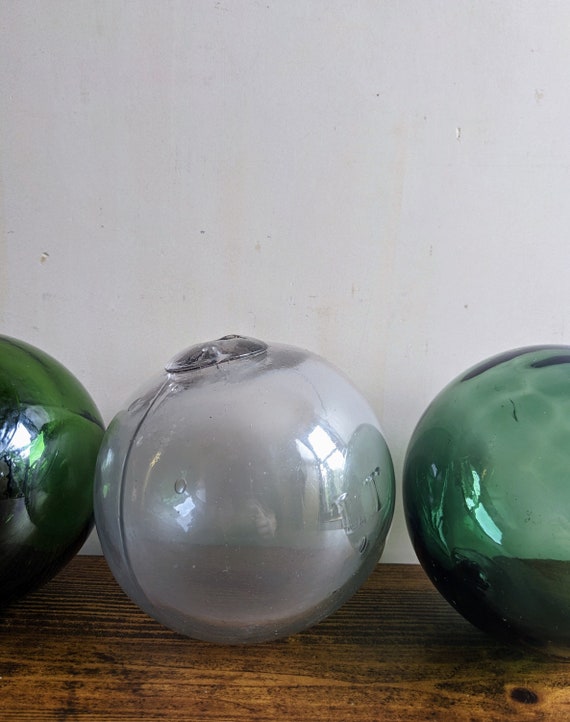 Antique Cornish Glass Fishing Floats, Five Green and Clear Fisherman's Ball  Floats 