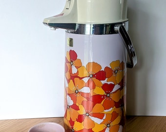Large 1970s pump action dispensing coffee or tea insulated flask, 3.5 pint floral flask