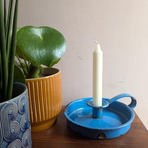 Vintage enamelled blue chamberstick with gold detail