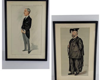May include: Two framed vintage Vanity Fair prints. One features a man in formal attire, the other a man in academic dress. Both prints are in black frames, adding a classic touch to the artwork. The prints are on a light background.