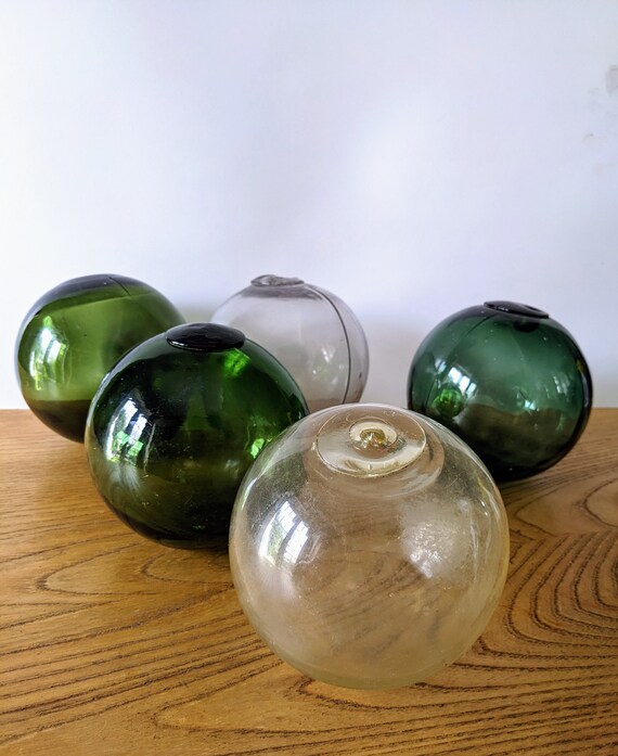 Antique Cornish Glass Fishing Floats, Five Green and Clear