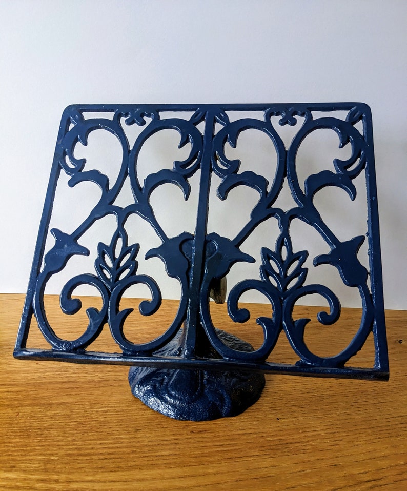 Vintage kitchen blue painted cast iron cook book stand image 2