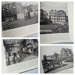 May include: Black and white photographs of historic buildings, including a palace, a manor house, a room with furniture, and a castle ruin. The images are from a book about the history of these buildings.