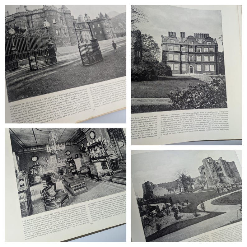 May include: Black and white photographs of historic buildings, including a palace, a manor house, a room with furniture, and a castle ruin. The images are from a book about the history of these buildings.