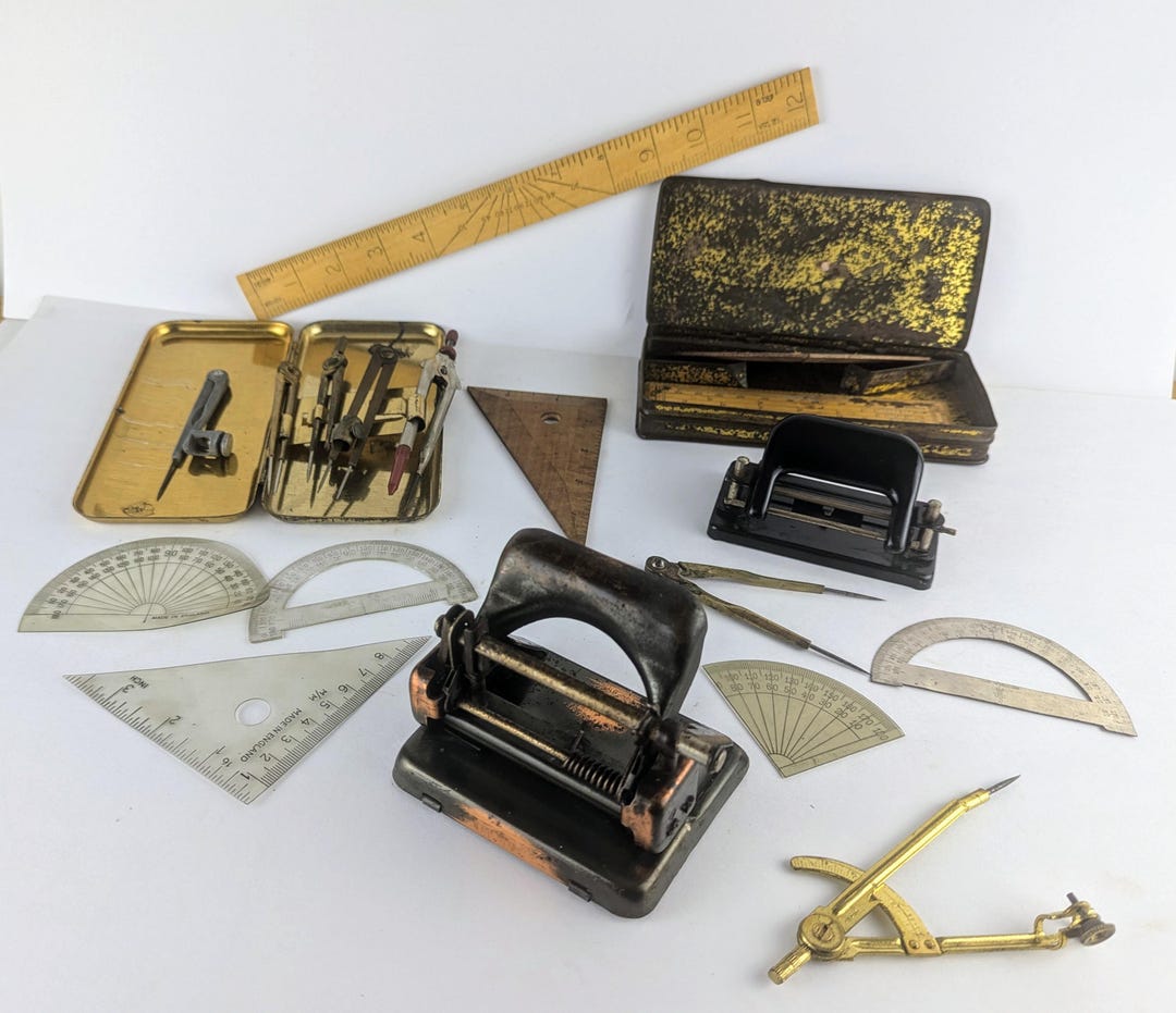 Vintage Stationery, Wooden Ruler, Geometry Set, Compasses, Angle ...