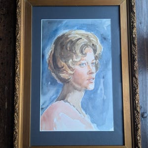 Original watercolour portrait of woman in antique gilt floral frame