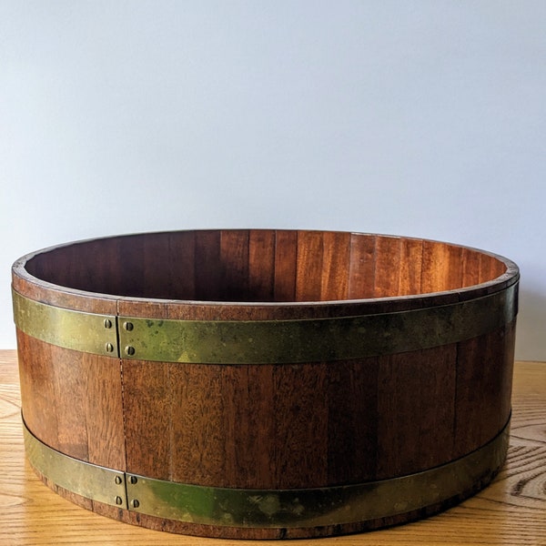 Oak barrel planter, large wooden dish with brass strapwork