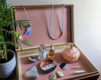 Vintage wooden hinged collectors box with freshly lined interior, jewellery, accessories or trinket box