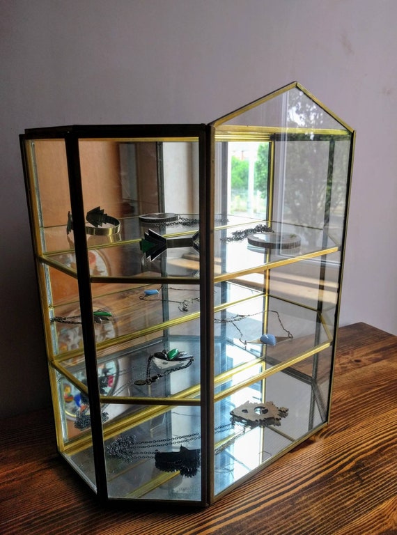 Large Brass And Glass Mirrored Shelving Unit Vintage Jewellery Display Case Table Top Shelves For Collectables
