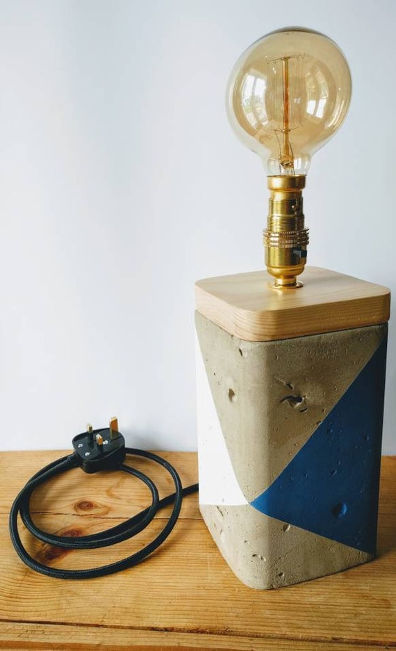 Concrete lamp, tall square contemporary lamp, handmade blue and white table lamp base, wood lamp, unique, stylish modern table or desk lamp Concrete lamp, tall square contemporary lamp, handmade blue and white table lamp base, wood lamp, unique, stylish modern table or desk lamp
