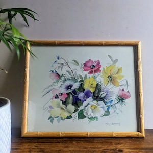Vintage print of vintage flower watercolour painting in vintage faux bamboo frame