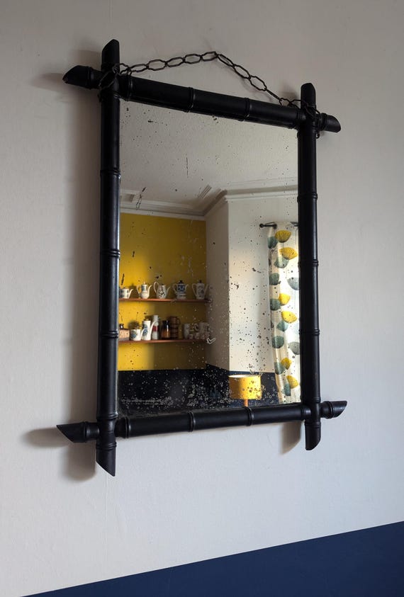 Antique French late 19th century ebonised bamboo-style rectangular wall mirror with original foxed plate