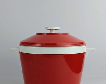 1960s red and white ice bucket, unused new old stock, in original box