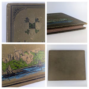 May include: A vintage green book with gold accents and a decorative design on the cover. The book features a castle illustration on the front and the title "The Irish Picturesque" on the spine.