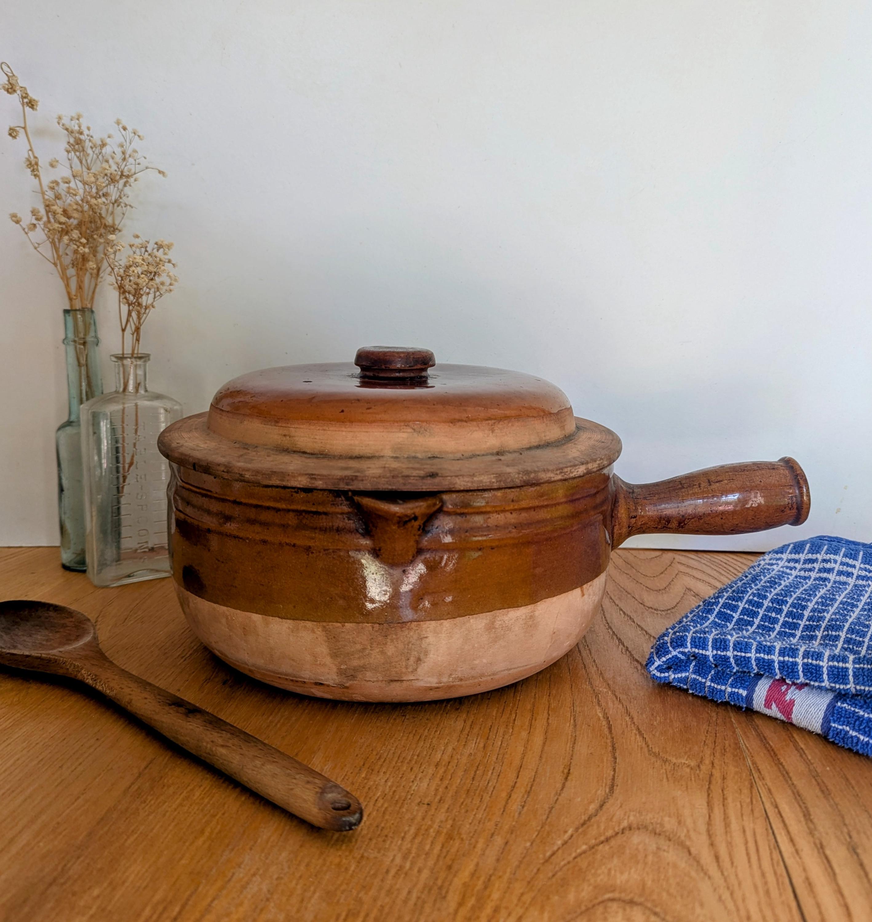 Large French vintage earthenware lidded cassoulet cooking pot