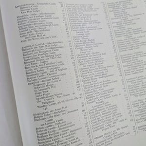 May include: A black and white printed page with a list of castles and their locations. The page is titled "Index" and includes the names of castles in England, Scotland, Wales, and Ireland.