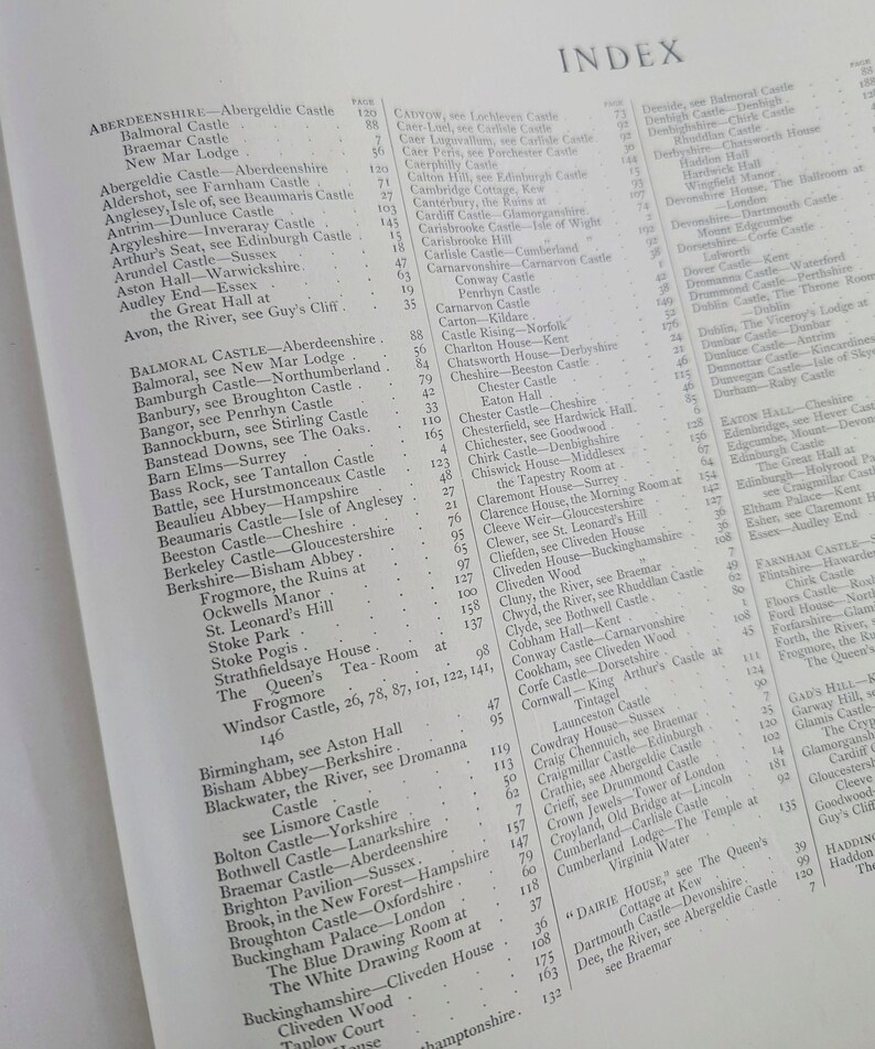 May include: A black and white printed page with a list of castles and their locations. The page is titled "Index" and includes the names of castles in England, Scotland, Wales, and Ireland.