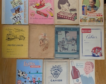 11 Midcentury French School exercise book protective covers with advertising, unused new oldstock in mint condition
