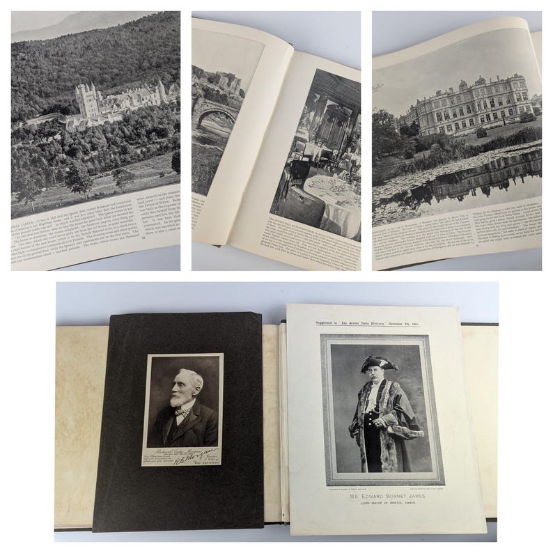 May include: A black and white photo album with a black leather cover. The album is open to a page with a black and white photo of a man in a suit and tie. The photo is signed by the man. The next page has a black and white photo of a man in a robe and hat. The photo is captioned "The Viscount Burnett James, Lord Mayor of Bristol, 1908."