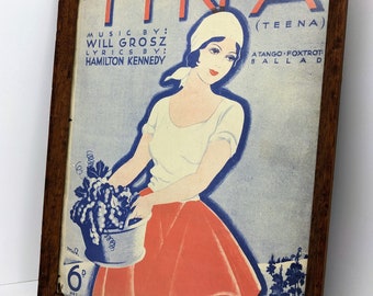 vintage 1930 partitions encadrées d'une belle femme vendangant des raisins dans un cadre en chêne vernissé vintage