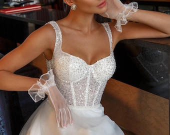 boho lace tulle long summer bride bridal ivory wedding dress beach sequins brilliant formal shine shoulder strap bohemian simple Illusion