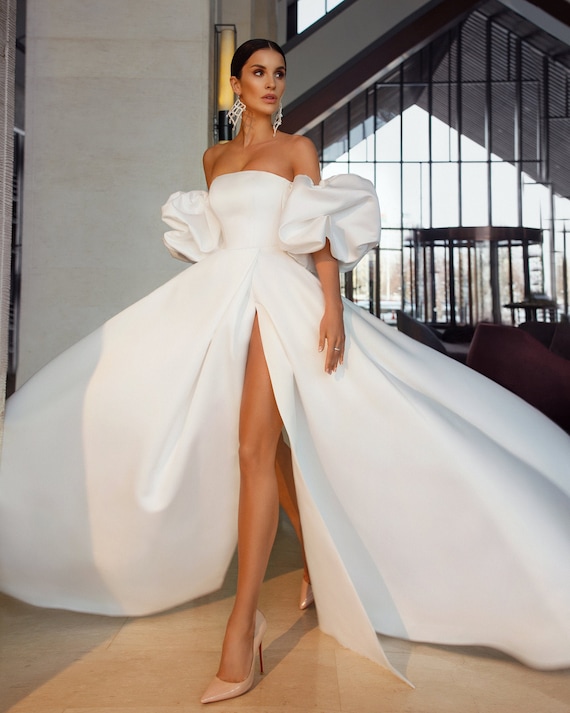 Simple Strapless Jumpsuit Pant Suit Wedding Dresses Detachable Train Beach  Satin Elegant Bridal Gown 2023 Ivory One Size at  Women's Clothing  store