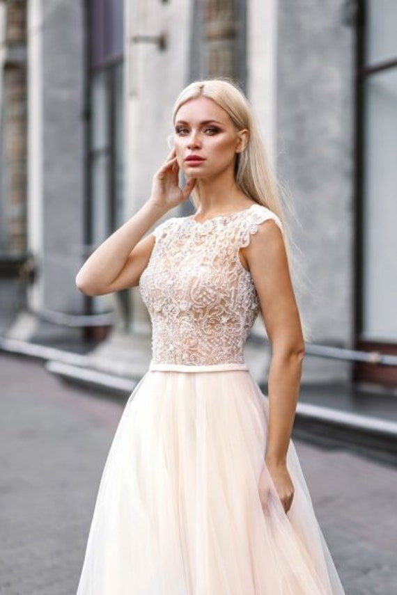 Embroidered Lace Ivory Blush Simple Modern Wedding Dress Tulle Etsy