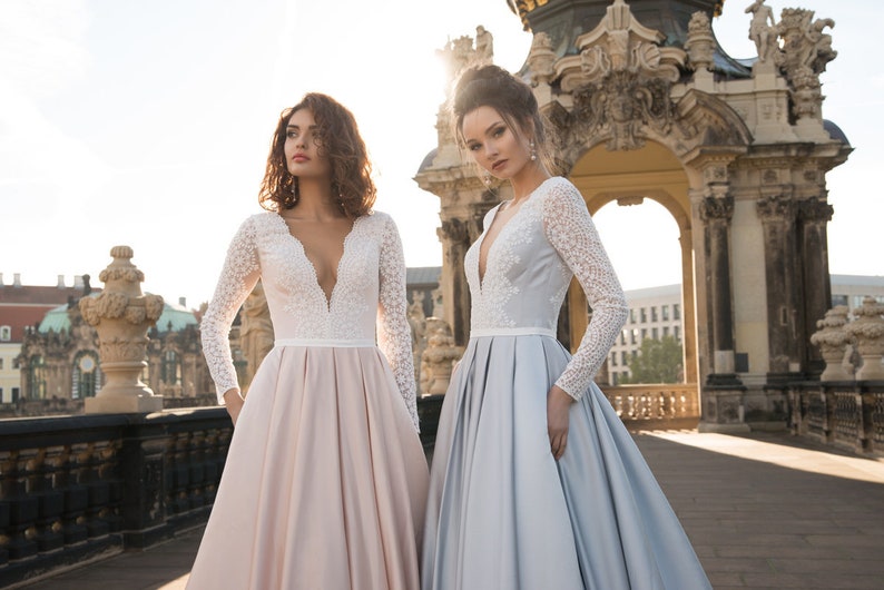 Modern Wedding Dress Boho Simple Light Blue Grey Pale Pink Etsy