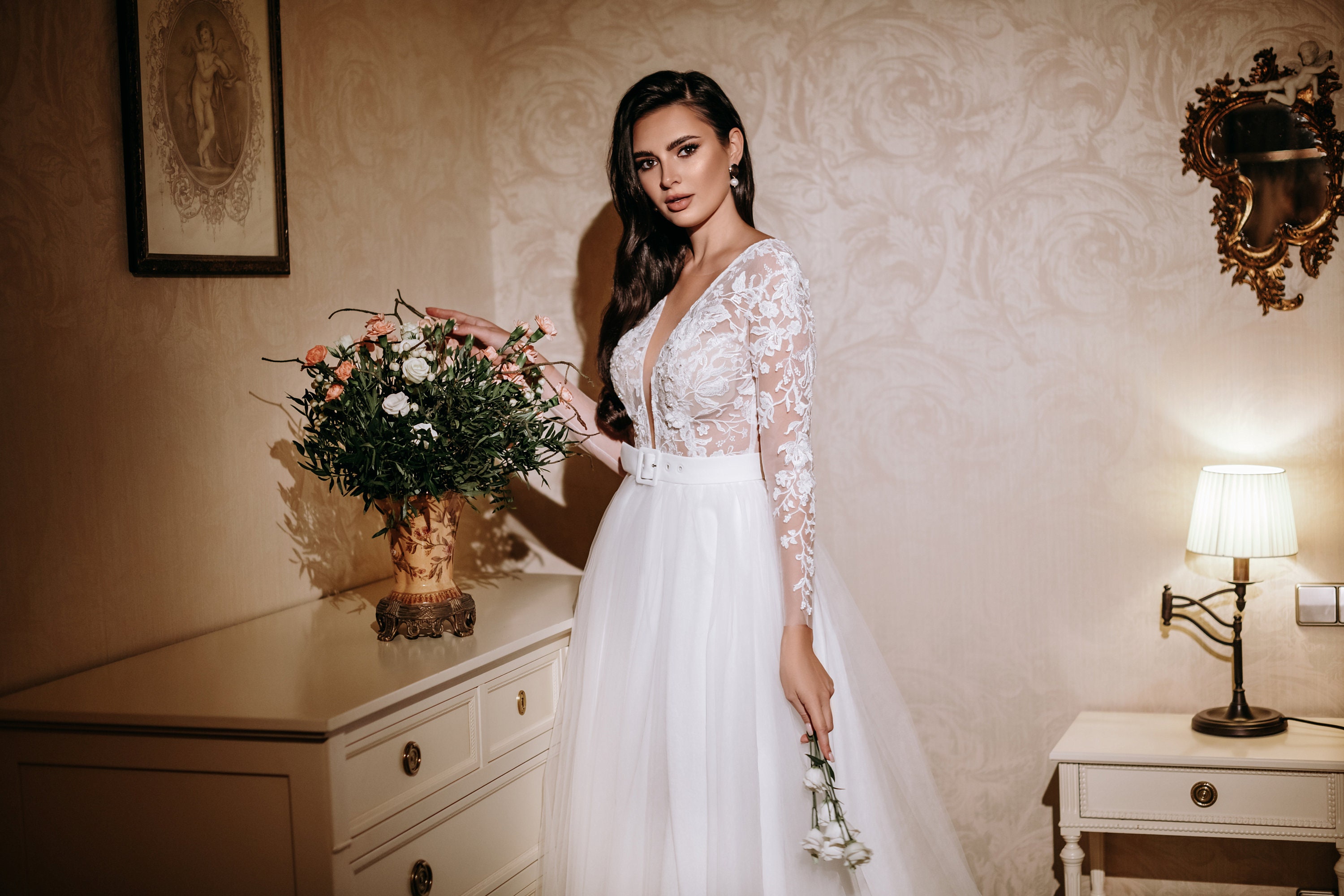 Boho Boho lange Ärmel Hochzeitskleid Elfenbein Gürtel ...