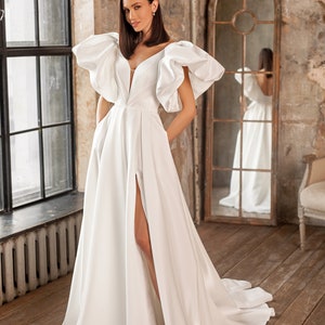 long bride bridal boho satin sleeve ivory wedding dress a line beach plus size simple classic ceremony bohemian formal Unique modern light image 3