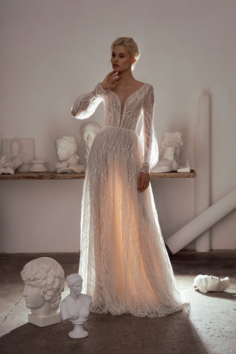illusion transparent open sexy lace wedding dress long sleeve simple boho shine glitter tulle ivory beach wedding gown bride modern light, Vanilla WFG, Etsy