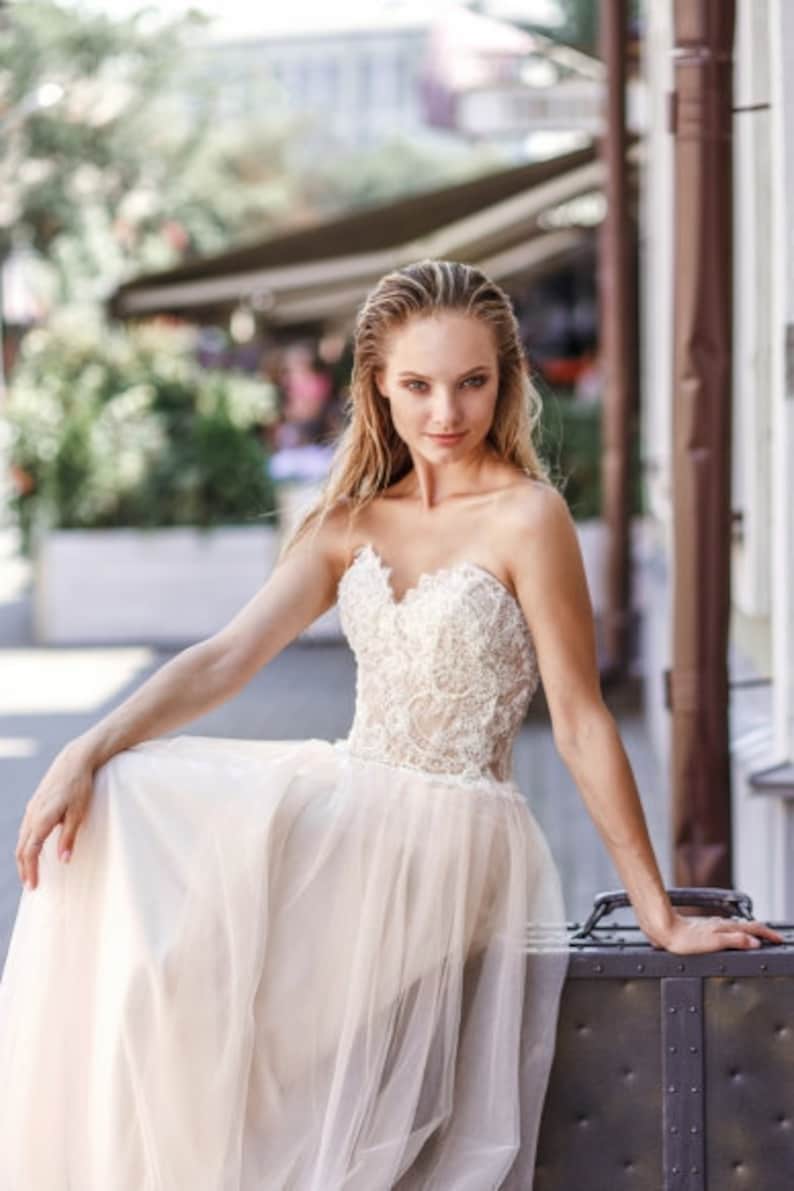 Embroidered Lace Ivory Blush Simple Modern Wedding Dress Tulle Etsy
