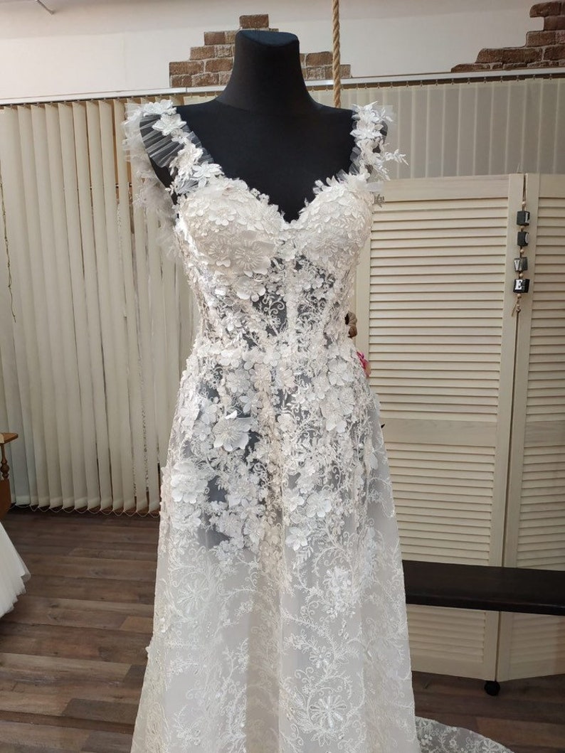 3d Lace Elegant Boho Ivory Wedding Dress Blush White Sleeves Etsy
