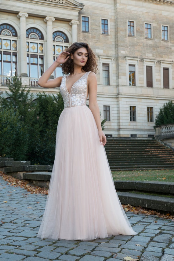 Boho Lace Wedding Dress Sexy Embroidered Pink Blush Lace Open Etsy