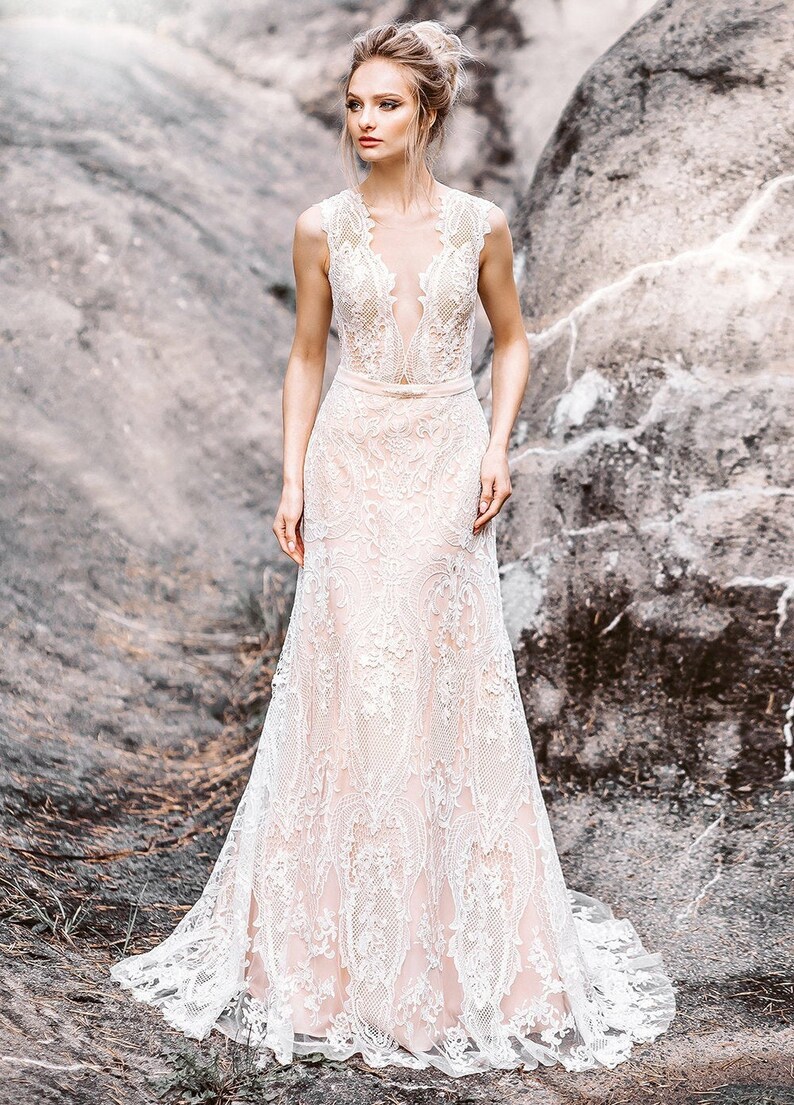 Transformer blush ivory wedding dress boho lace elegant tulle Etsy