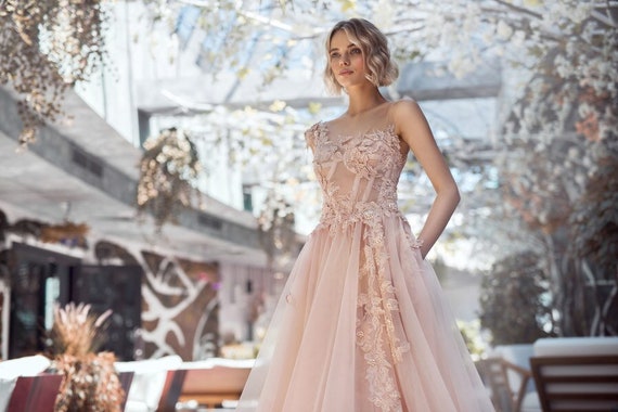 3d Lace Dress Peach Stylish Elegant Wedding Dress Ivory Blush Etsy