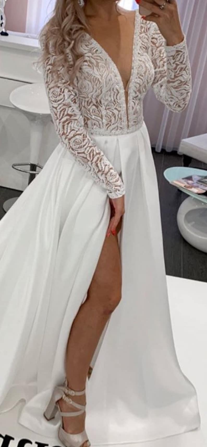 Boho long sleeves wedding dress slit Ivory satin lace wedding | Etsy