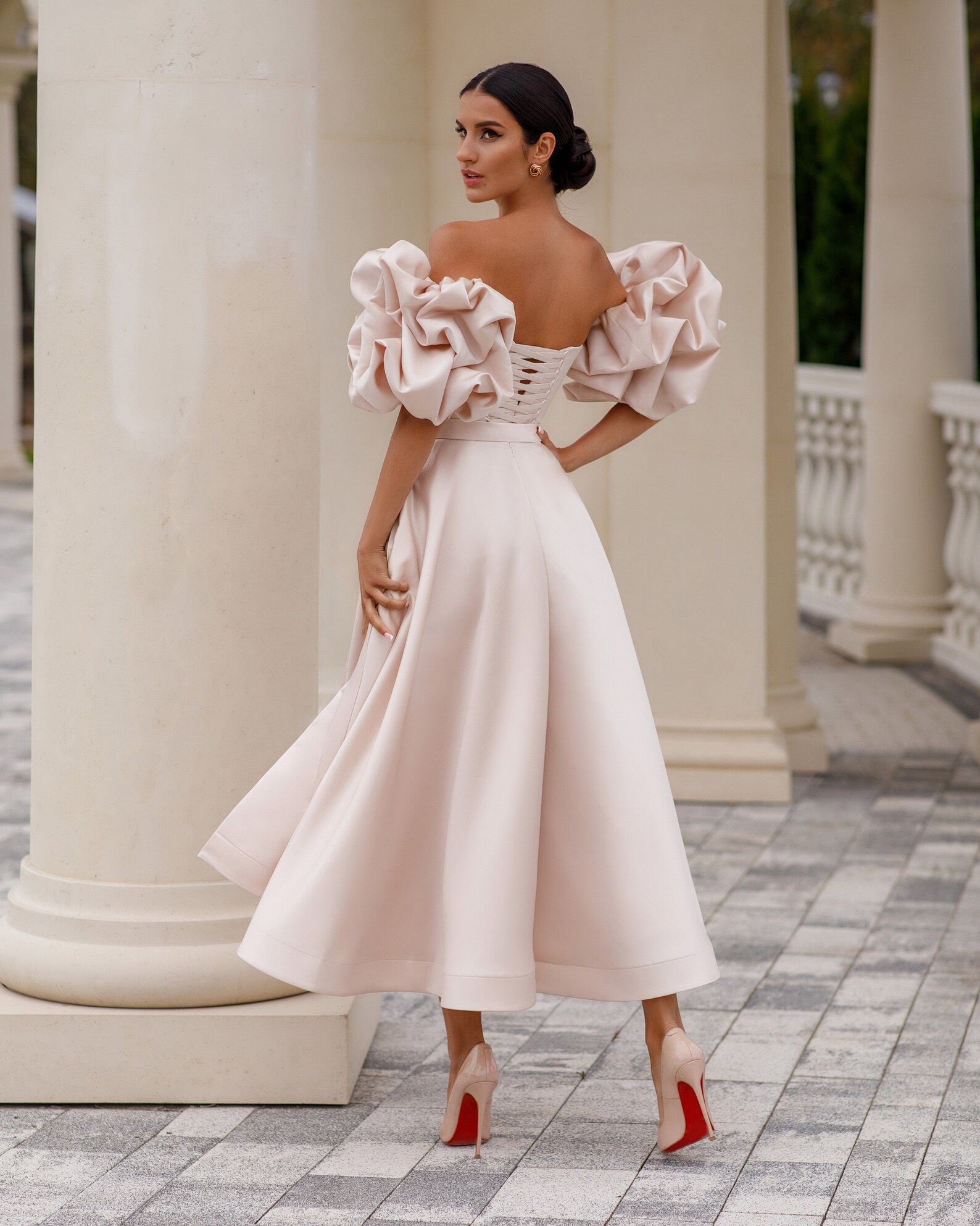 Midi Satin Bride Bridal Sleeve Boho Ivory Wedding Dress Blush - Etsy