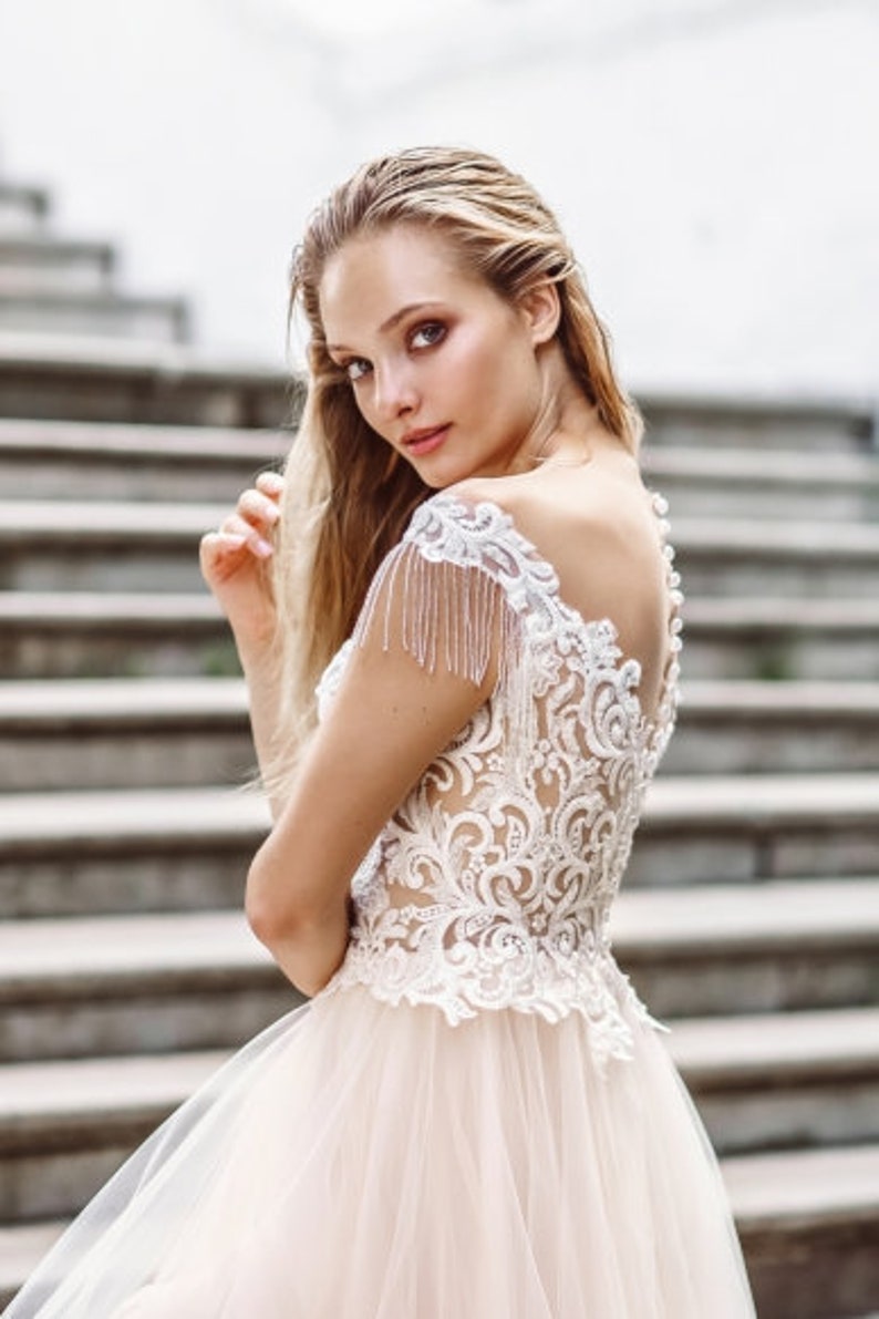 Embroidered Lace Ivory Blush Simple Modern Wedding Dress Tulle Etsy