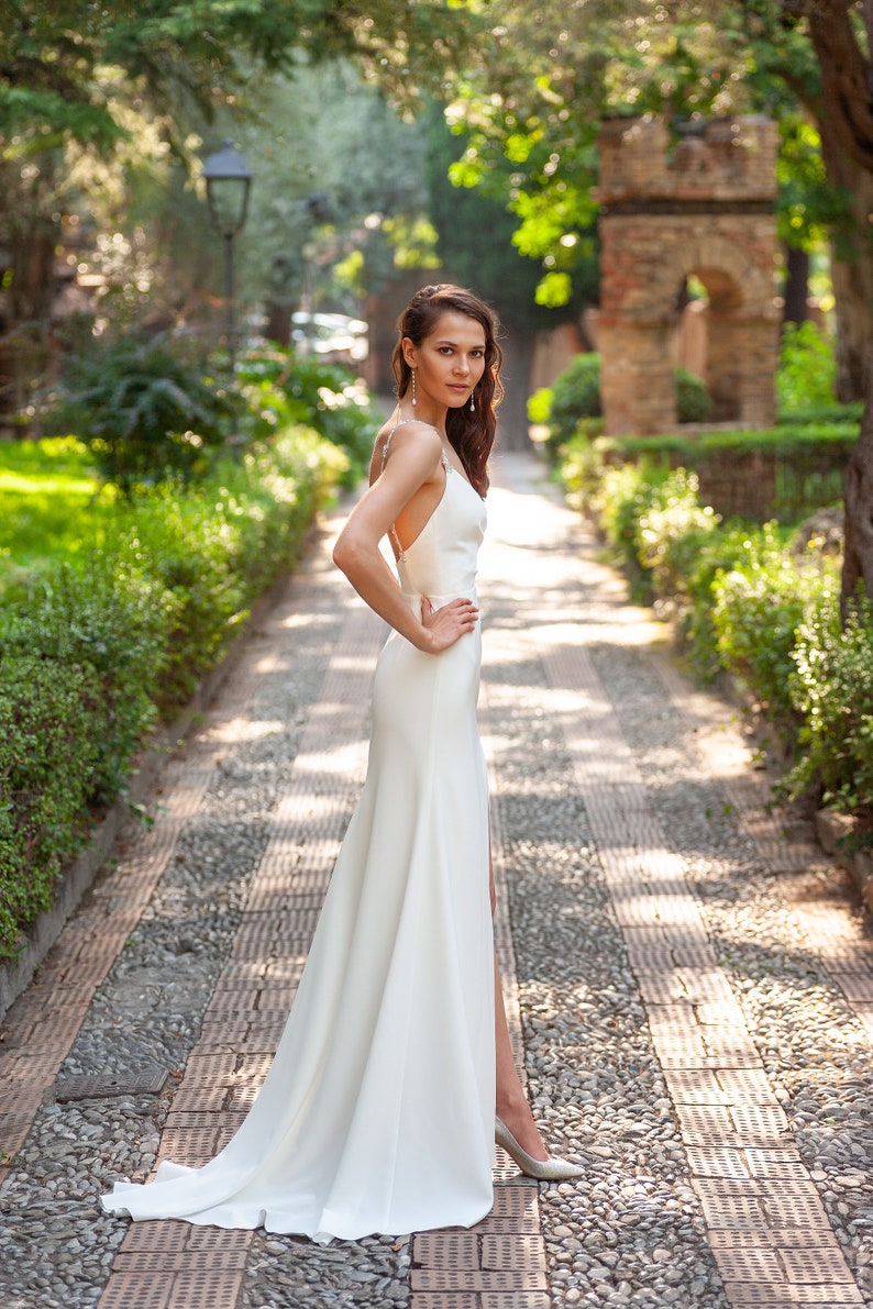 Soft Satin Simple Modern Wedding Dress Slit Minimalist Light | Etsy