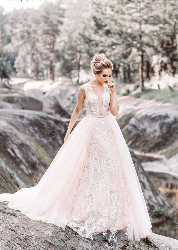 Transformer Blush Ivory Wedding Dress Boho Lace Elegant Tulle Etsy