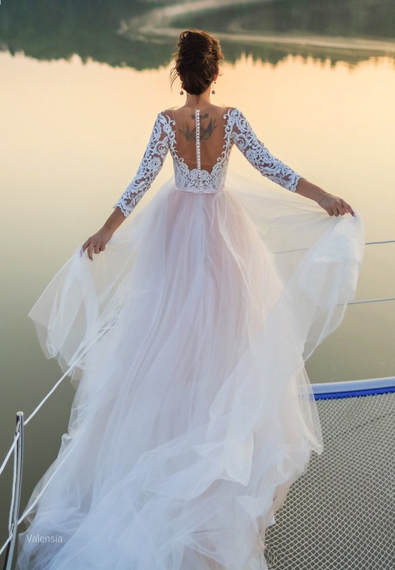 Boho Wedding Dress Bohemian Beach Long Sleeve Train Blush Etsy