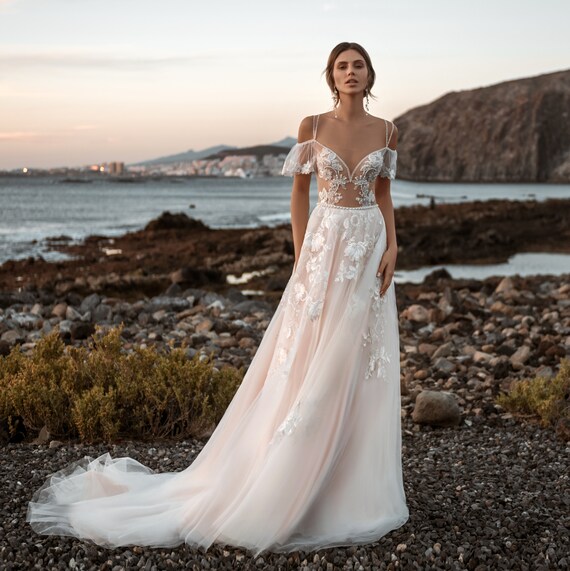 Sleeves boho wedding dress light beach lace ivory blush | Etsy