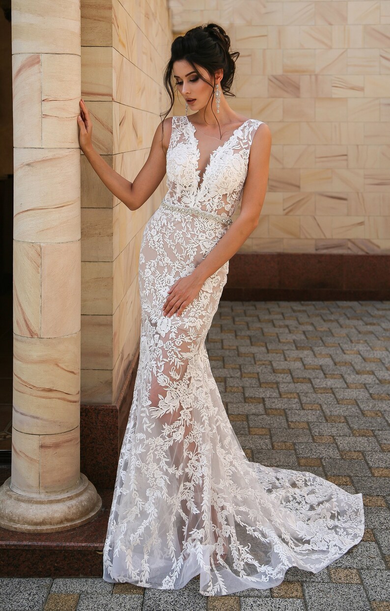 Mermaid Stylish Elegant Wedding Dress Ivory Blush Etsy