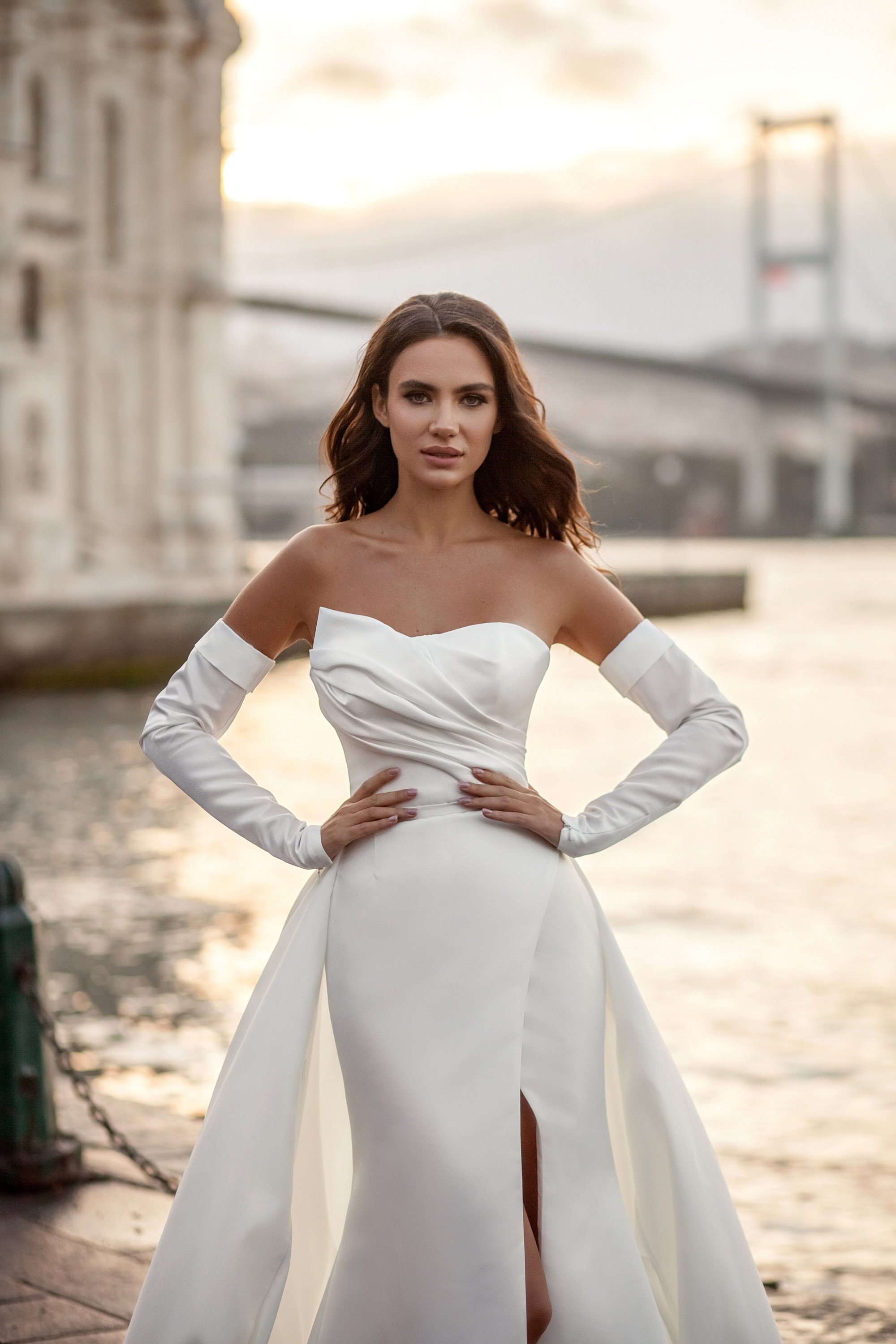 Elegant Off-shoulder Ivory Satin Princess Wedding Dress - Promfy