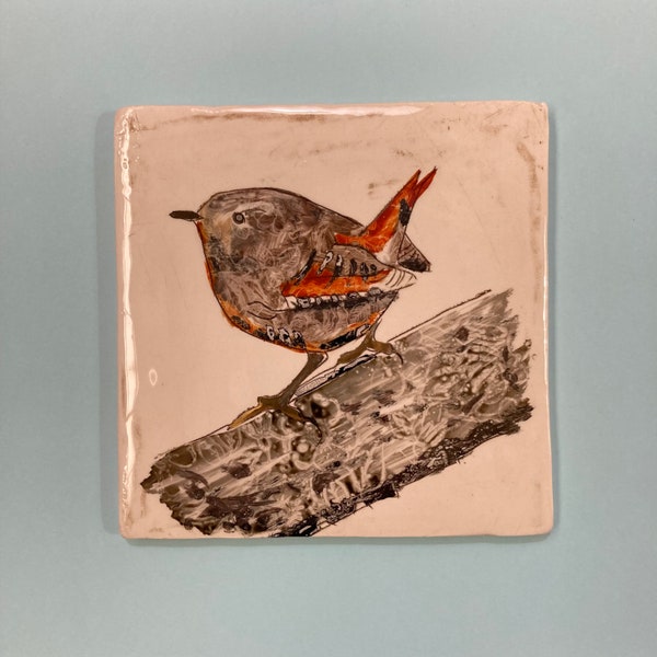 Stamped Lustre Wren Ceramic Bird Tile