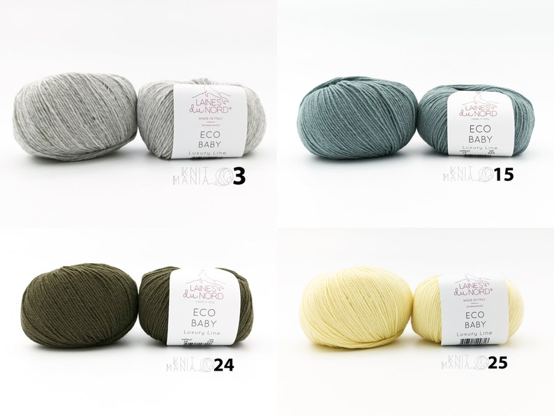May include: Four skeins of yarn in different colors: gray, blue-green, olive green, and yellow. Each skein has a label that reads "Laines du Nord Eco Baby Luxury Line".