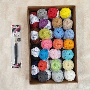 25 gomitoli di filato DMC Happy Cotton + uncinetto